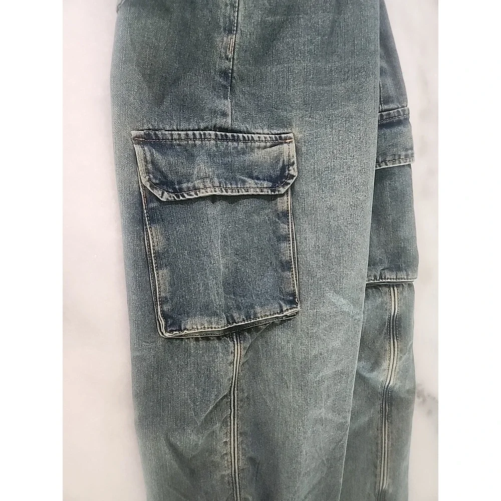 Angel Kiss Cargo Blue Jean Denim Maxi Skirt Y2K Style Back Slit Bungie Size 5/27